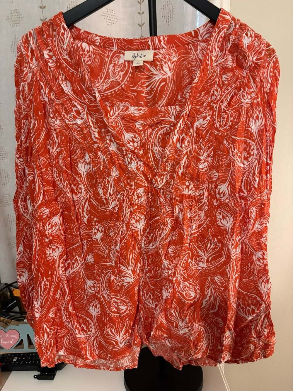 Style & Co Orange White Paisley Print Blouse Size L